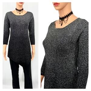 Chelsea & Theodore Metallic Shimmer Tunic Top Sz S Black Lurex Ombre Asymmetric